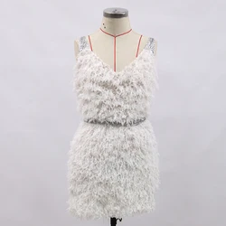 2022 Wholesale Factory Mini Short Fur Tassel White Cocktail Dress Ostrich Feather Evening Dress For Ball Gown Party