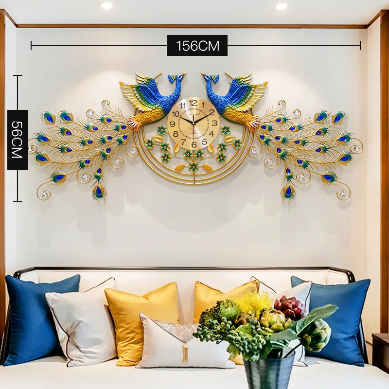 Oversized 3D Gold Home Decor Silent Quartz Metal Double peacock wall clock