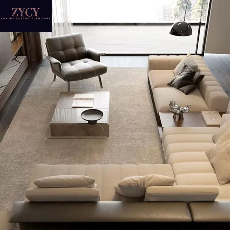 Итальянская легкая Роскошная гостиная вилла дизайнерская L-образная кожаная модульная комбинация для дивана со стальными ключами