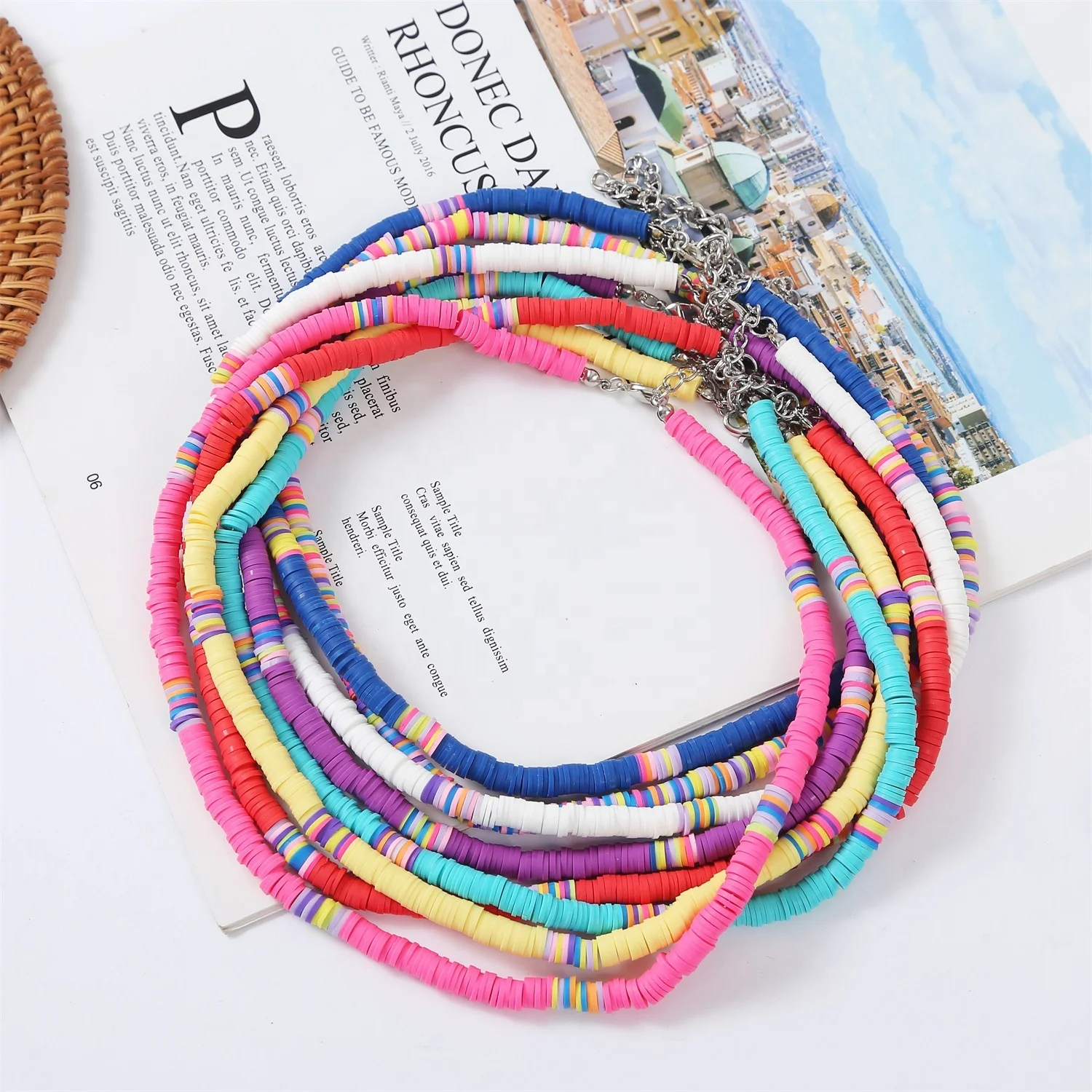 CLARMER Bohemian Necklace Handmade Friendship Knit Weaving Stackable Enamel Rainbow Baguette Disc Tile Bead Necklace
