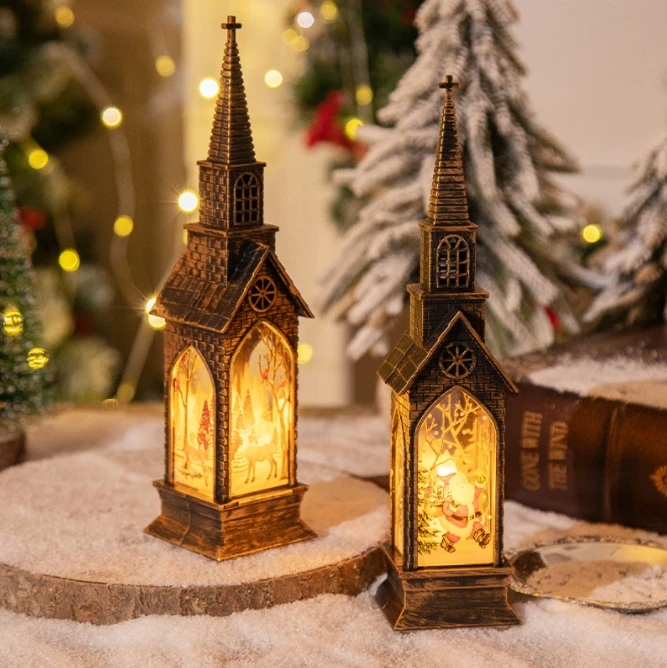 Plastic led night light small wind lamp Steeple church vintage bronze color christmas gift decoration night light led mini lamp