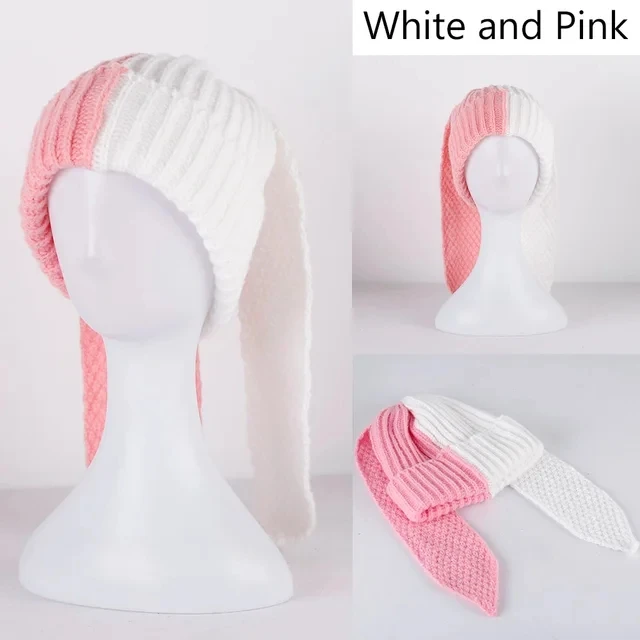 New niche personality autumn and winter warm and fashionable windproof and cold-proof color-blocked long bunny ears knitted hat