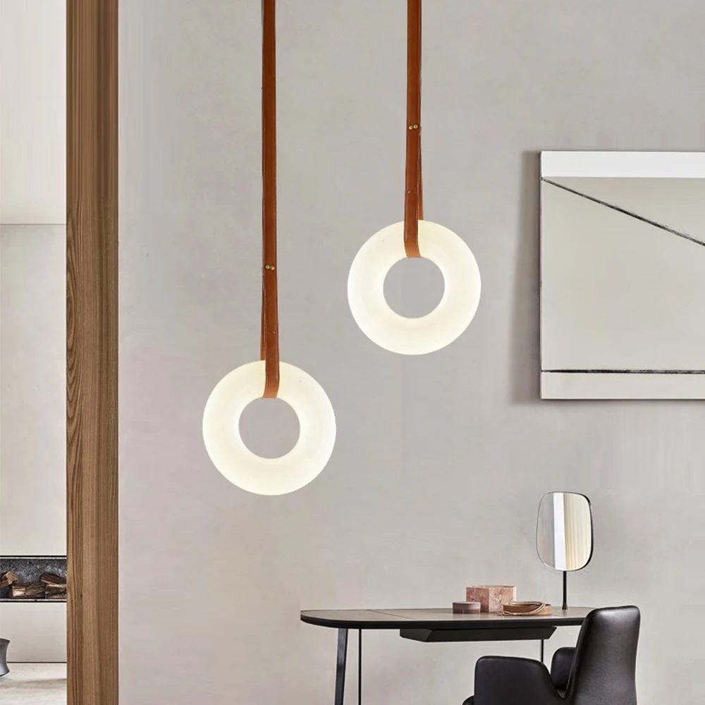 Nordic circle ring office living room decorative lights brass white round marble led pendant light