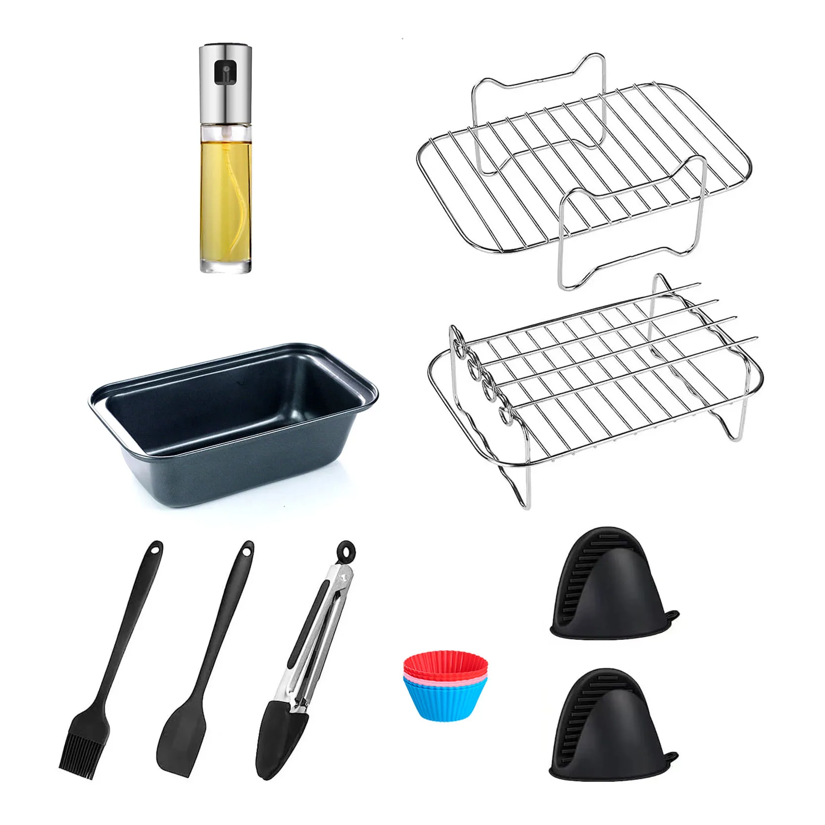 Diverse mix air fryer accessory set with Silicone and stainless steel materials