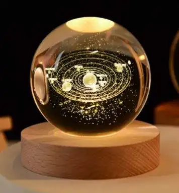 Custom Luminous Creative Gifts LED 3D Laser Engraved Art Crystal Ball Night Lamp Indoor Decorative With Led Wooden Base