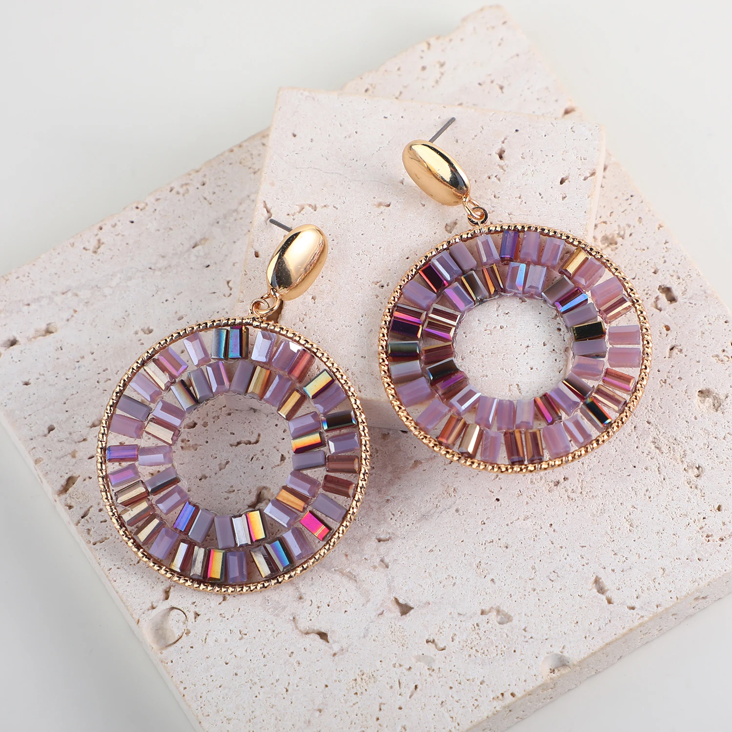 Fashion Colorful Stones Big Circle Pendant Earrings For Women Bohemian Earrings Wholesale