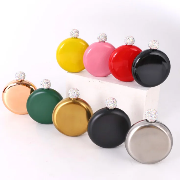 5oz Synthetic Rhinestone Diamond Lid Portable Leakproof Round 304 Colorful Stainless Steel Hip Flask