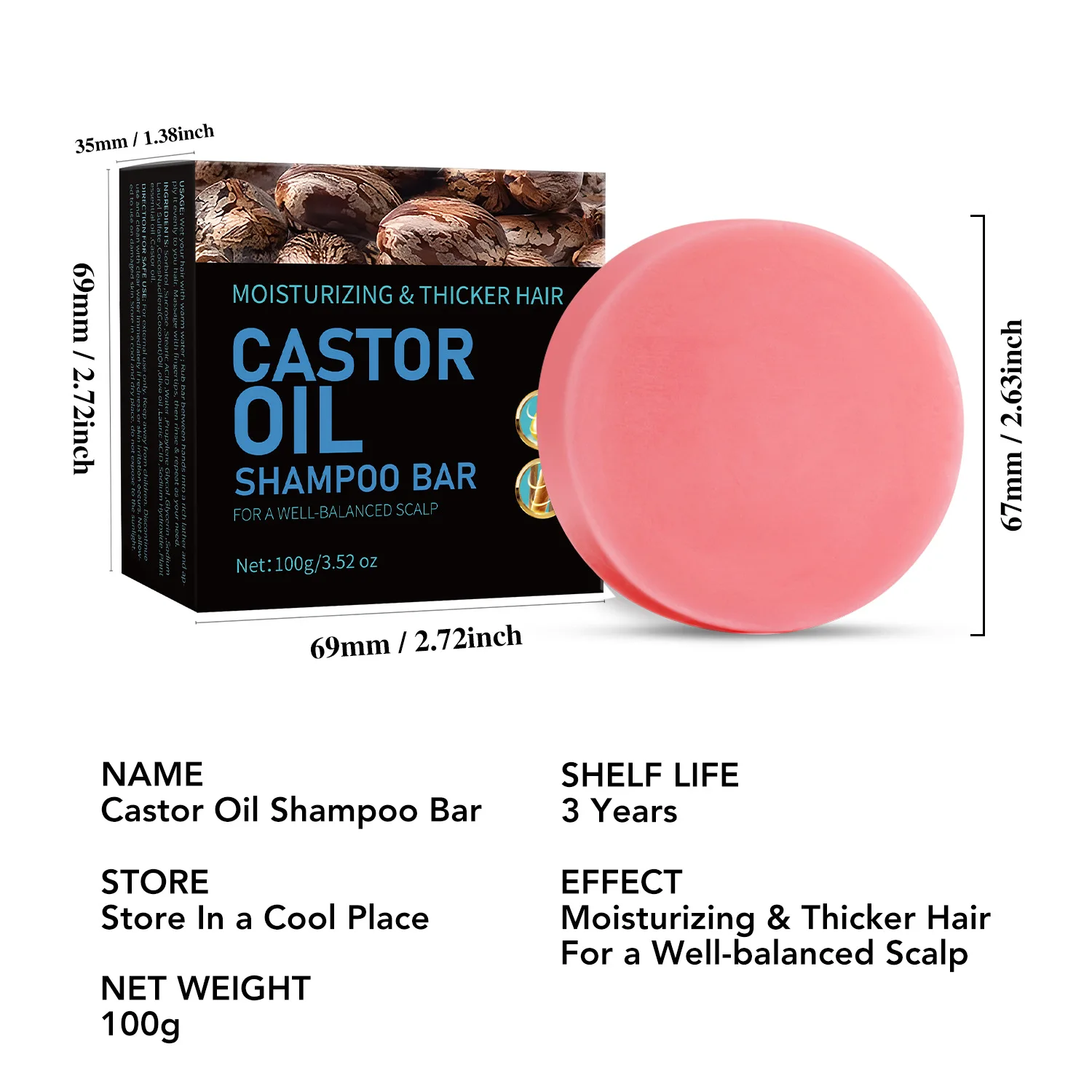100g Castor Oil Soap Shampoo Deep Cleansing and Moisturizing Nourishing Hair with Foaming Mesh Solid Form