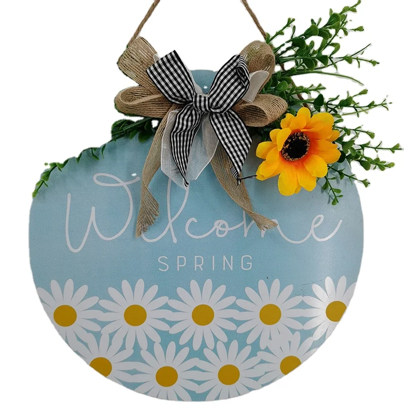 Round Seasonal Decorative Rustic Fashion Welcome Home Sign Wooden Hanging Sign Handmade Creative Artificial Leaf