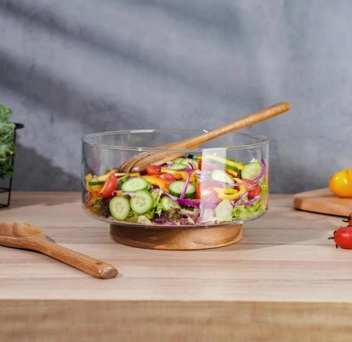 Wooden Salad Bowls Extra Large Glass Salad Bowls for Party with Acacia Wood Base and Salad Serving Utensils