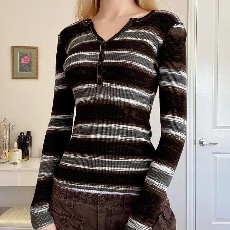 Retro half-open V Collar striped long sleeve t-shirt women base all-matching slimming knitted top