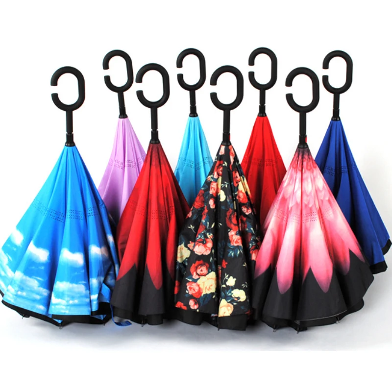 Guangdong supplier waterproof custom print C handle double layer inverted umbrella stick