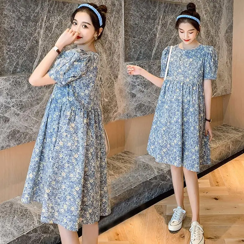 Maternity clothes 2024 Summer new Korean style small floral dress loose age-reducing short sleeve summer dress
