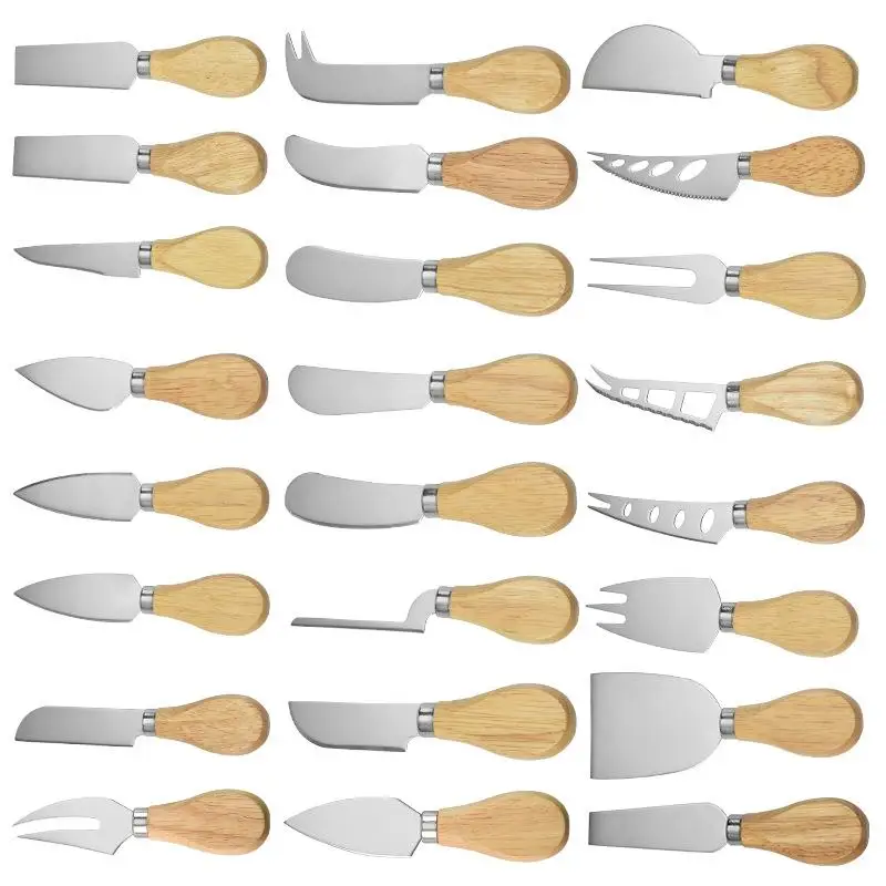 stainless steel rubber Wooden handle cheese knife, non-stick cheese knife, Used for soft and hard cheese bread, etc.