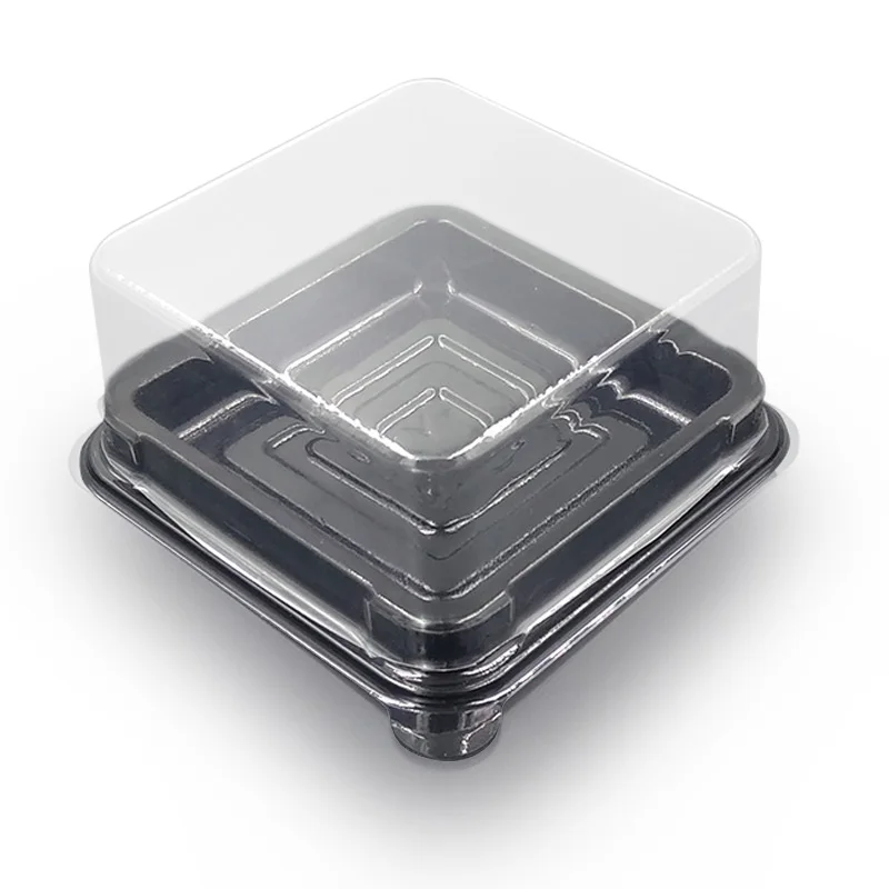 Square black base disposable PET takeaway plastic cake  container  box with clear lid
