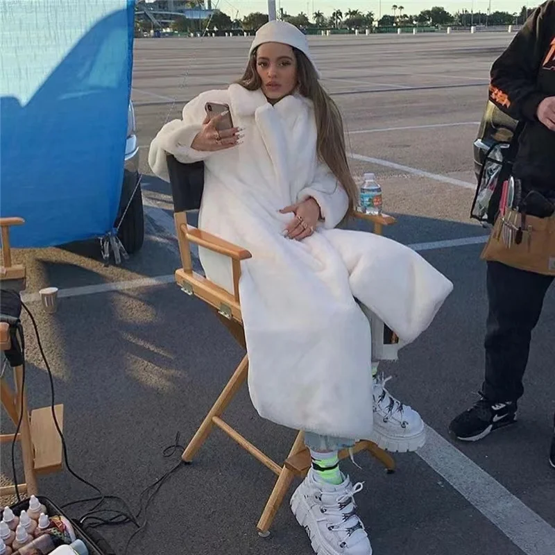 Fluffy  Oversize Faux Fur Coat Winter Warm Long White  Women with Hood Lapel Sashes Loose Korean Fashion 2021 Outerwear