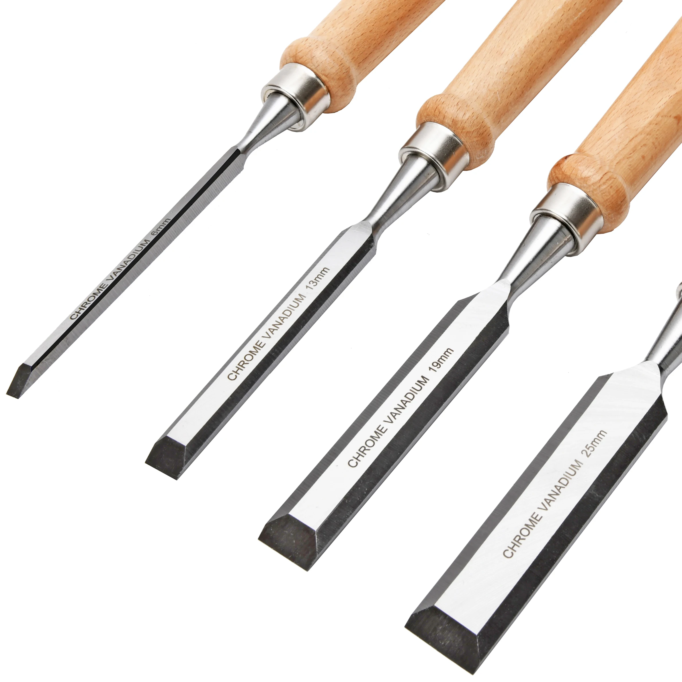4-Piece Chisels Set for Wood Working with CrV Steel Beveled Edge Blade and Wood Handle 6mm 13mm 19mm 25mm