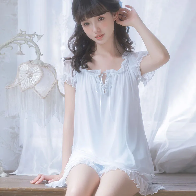 Summer Girls Two Pieces Short Sleeve Pajamas With Slash Neck Bow Solid Women Homewear Of Thin Soft Elastic Loose Home Clothing