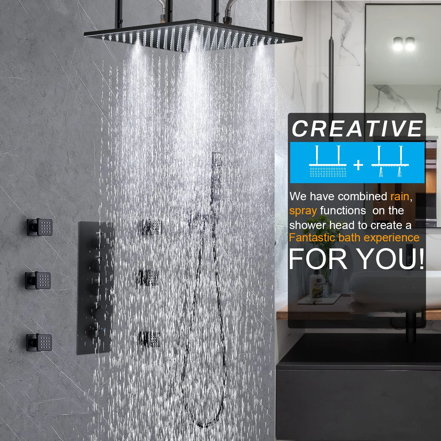 Modern Rainfall mist bath room Shower System 16 Inch Black Full Body brass Thermostatic Shower Head System set