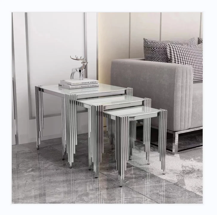 Door to Door USA Best Selling Stainless Steel Dining Table Set 1+6 1850mm Silver tempered glass Dinning Table Set