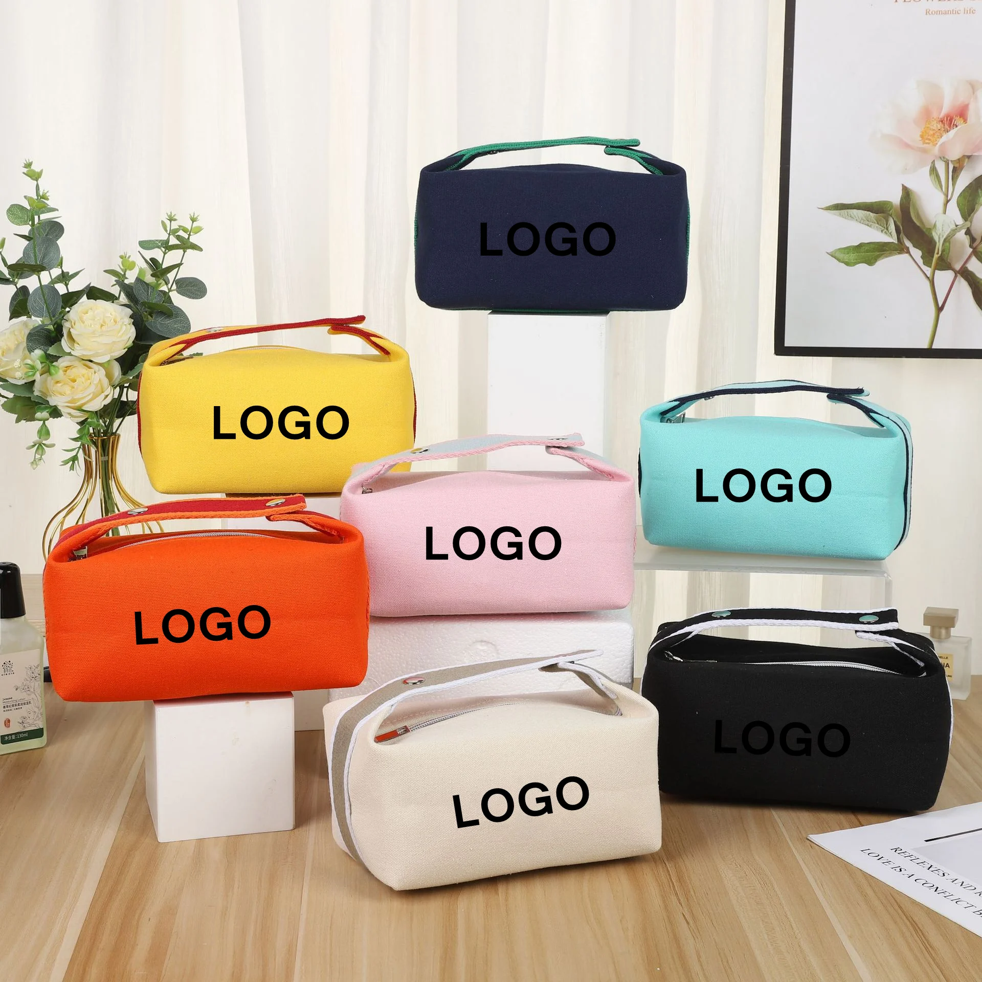JUSTOP Large Capacity Waterproof Heavy Canvas Portable Custom Cosmetic Bag Cases Travel Makeup Bags with Zipper