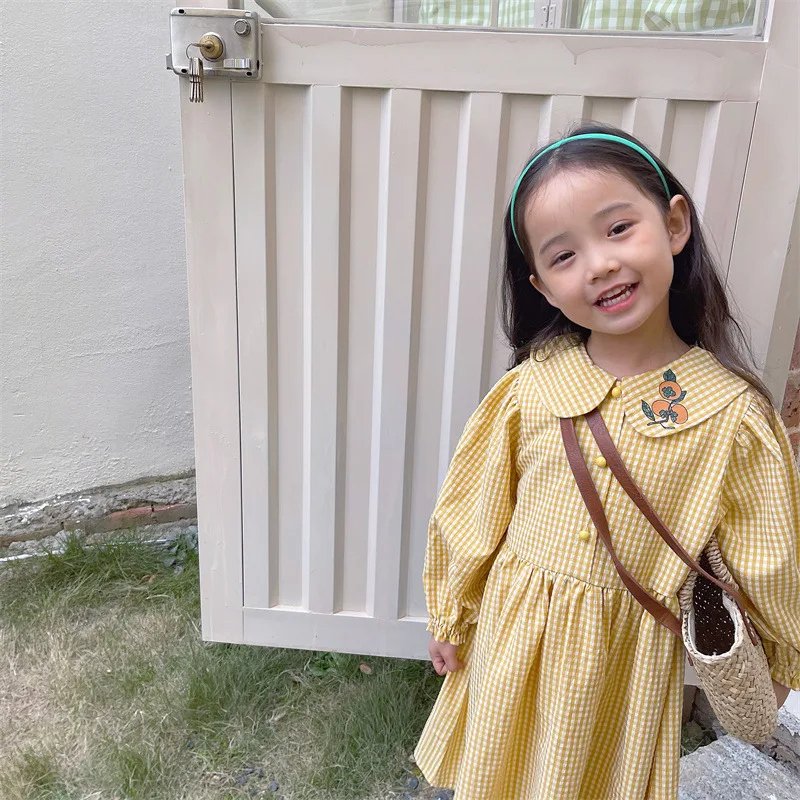 Retro Style Kids Dresses For Toddler Girls Long Sleeve Costume Cute Collar Cotton Clothes Plaid  Dress for Kids