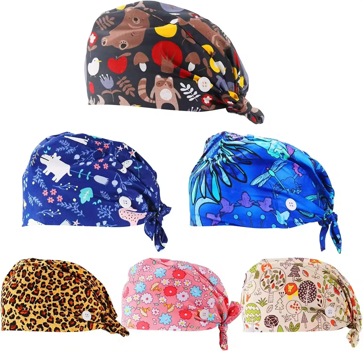Custom Printed Pattern Nurse Cap Adjustable Women Scrub Pure Cotton Comfortable  Cartoon Printed Surgical Scrub Cap