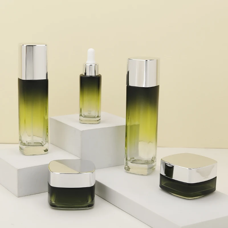 Индивидуальная торговая марка пустой роскошный стеклянный контейнер для косметической квадратной зеленой градиентной бутылки и банки