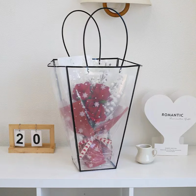 Luxury Plastic Tall Floral Bouquet Packaging Flower Gift Bag Waterproof Clear Pvc Handle Tote Bouquet Arrangement Bag Handle