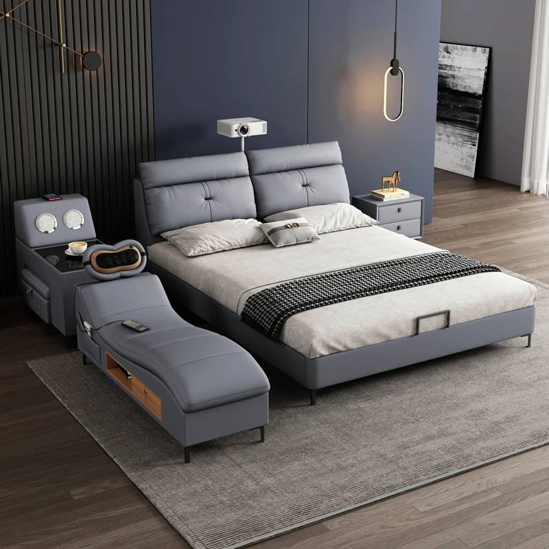 Bedroom furniture set designer leather light luxury modern bed king size bed other  bedroom furniture Storage bed with music