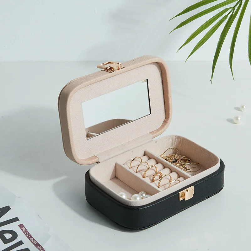 Fashion large capacity two-color matching jewelry box with mirror travel jewelry storage box PU material custom logo jewelry box