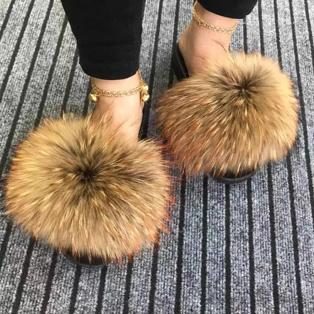 
Fur slippers raccoon fur slides brown fur slides raccoon 