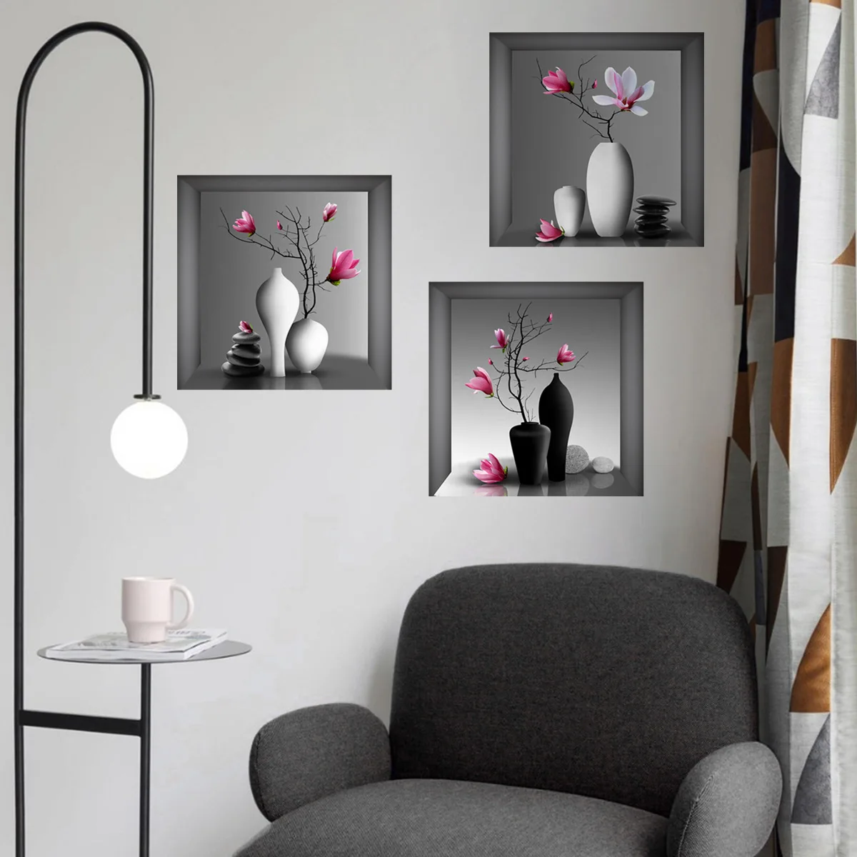 Three-dimensional 3d Effect Vase Flower Pot Triptych Wall Stickers Hallway Porch Living Room Background Decoration
