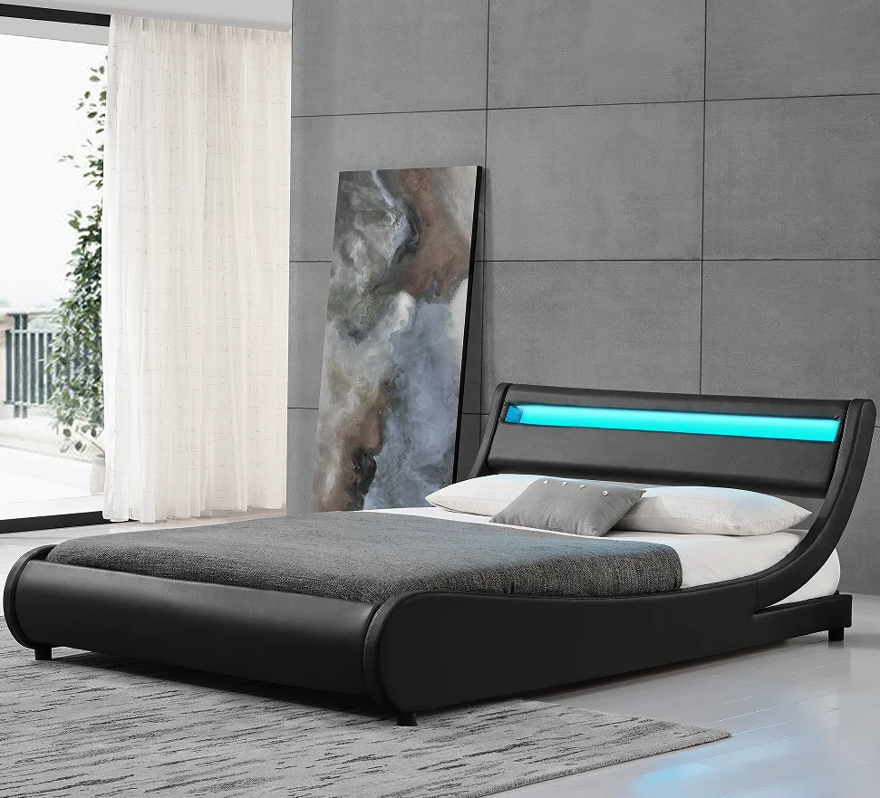 Factory Hotsale Customized Deluxe Modern King Size Curve Shape Faux Leather Upholstered Platform Bed with LED light