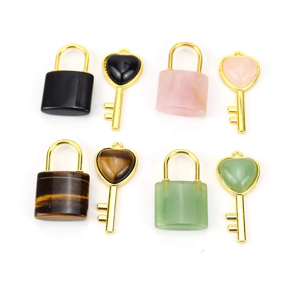Creativity natural stone Love key lock pendant necklace gemstone jewelry crystal rose quartz amethyst pendant for couple