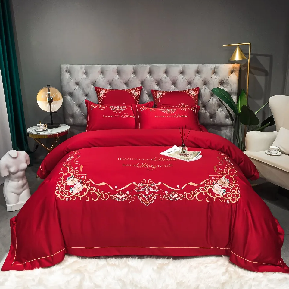 Modern Light Luxury Style Soft Embroidery 500tc Satin cotton bed sheets duvet bedding set