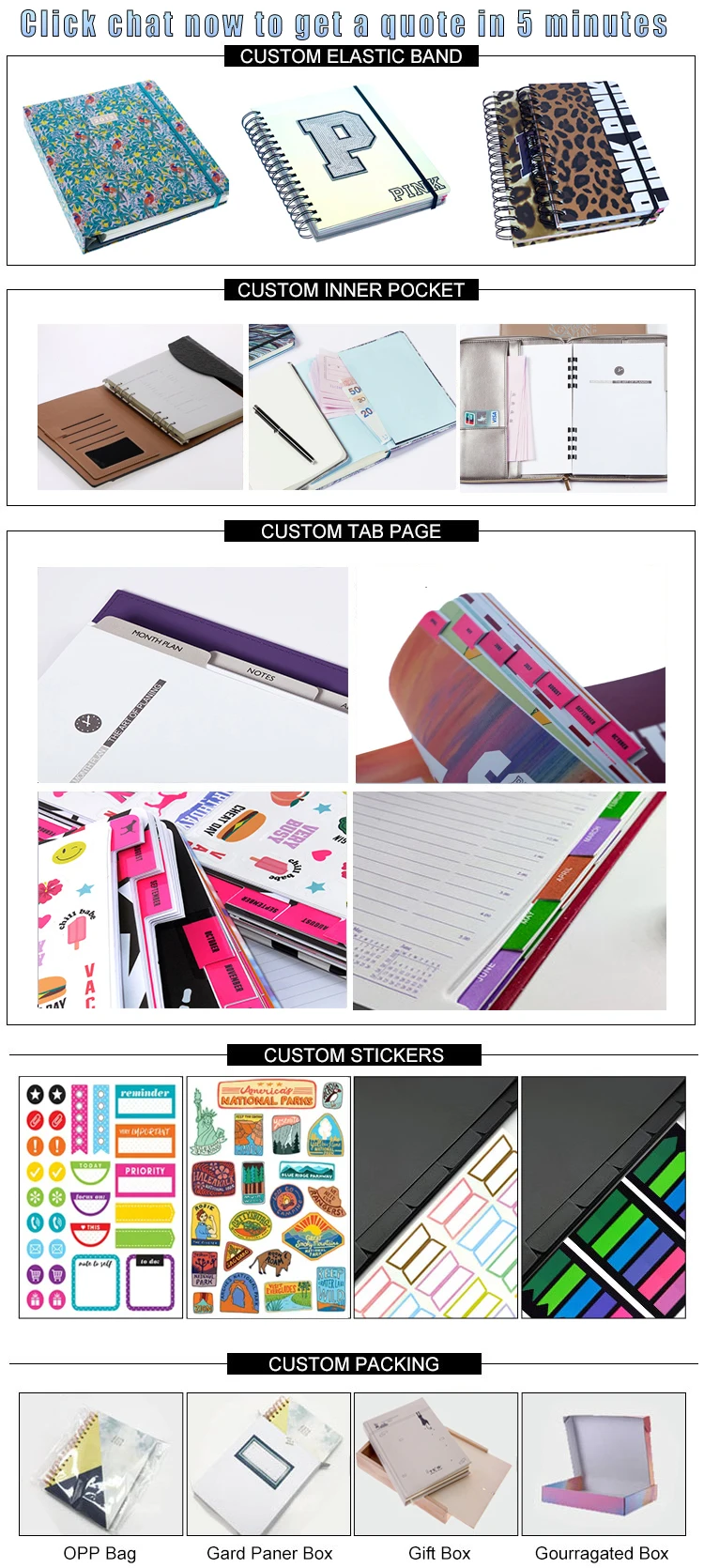 Custom hard cover Printing OEM service Debossed logo gold foil stamping index tabs dividers travel journal notebook