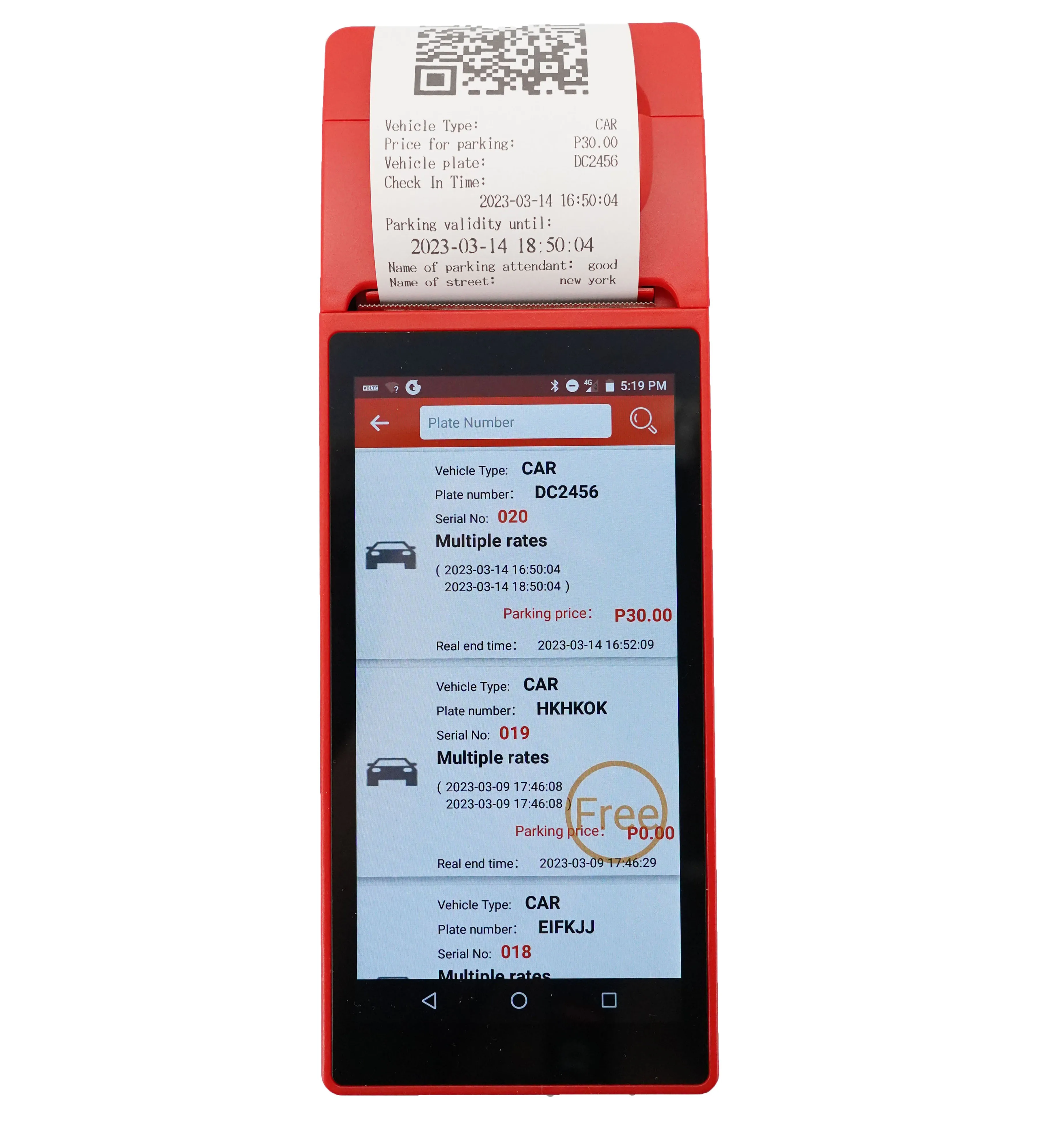 mobile handheld android touch screen pos system nfc car park ticketing management pos with built in printer