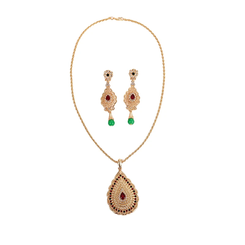 Morocco Jewelry Set Water Drop Crystal Big Pendant Necklace Earring Luxury Metal Wedding Jewelry Algerian Party Caftan Jewelry