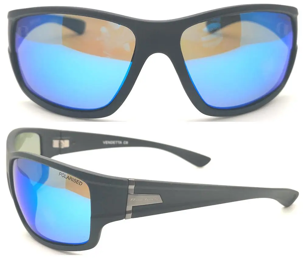Matte Black frame Blue Flash Mirror Polarized Lens Style Outdoor Travel Eyes Protection Sunglasses with metal logo piece