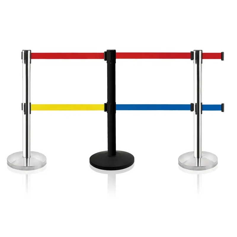 double layer Hotel Bank Exhibition Stainless Steel Safety Queue Pole Line Stand Stanchion Retractable Belt Crowd Control Barrier