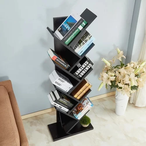 Wooden Display Storage Bevel Edge Bottom Board 9 Shelf Tree Bookcase for CDs & Books