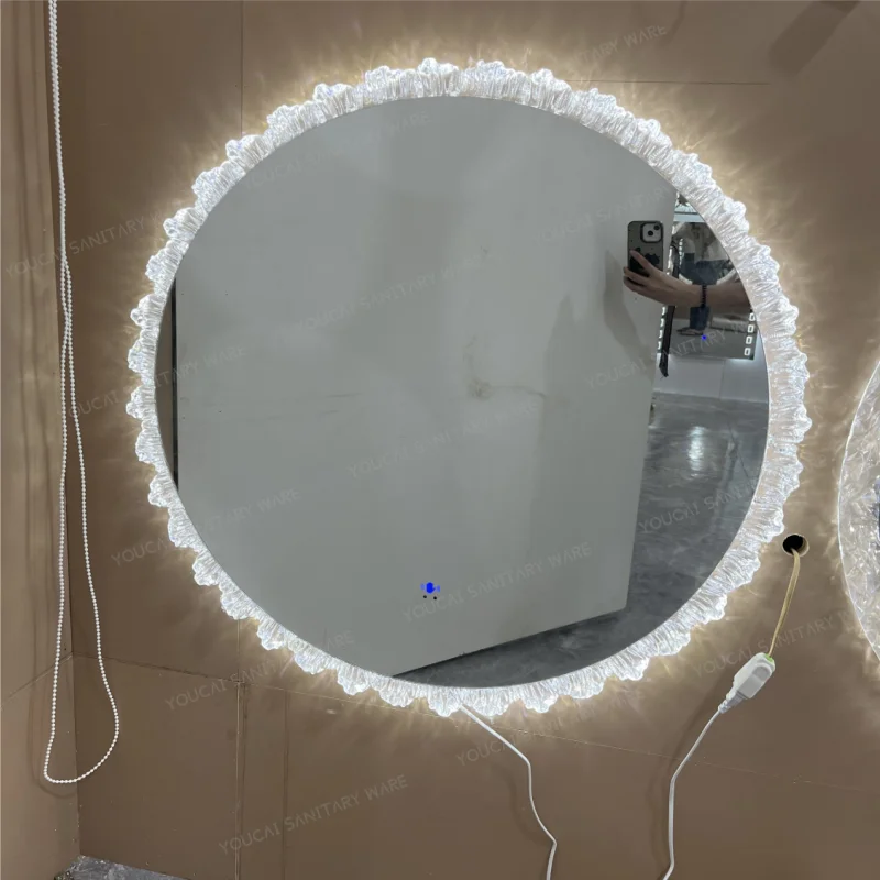 Delicate LED Lights Bathroom Mirror diamond decor border smart mirror with Demister  hand scan senor switch mirror