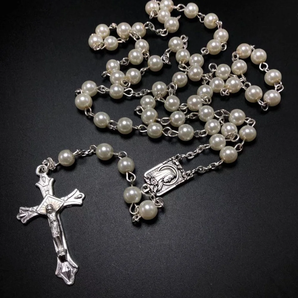 6mm Red Color Glass Pearl Beads with Coral Rose Beads Rosary with Louders Center Piece and Crucifix