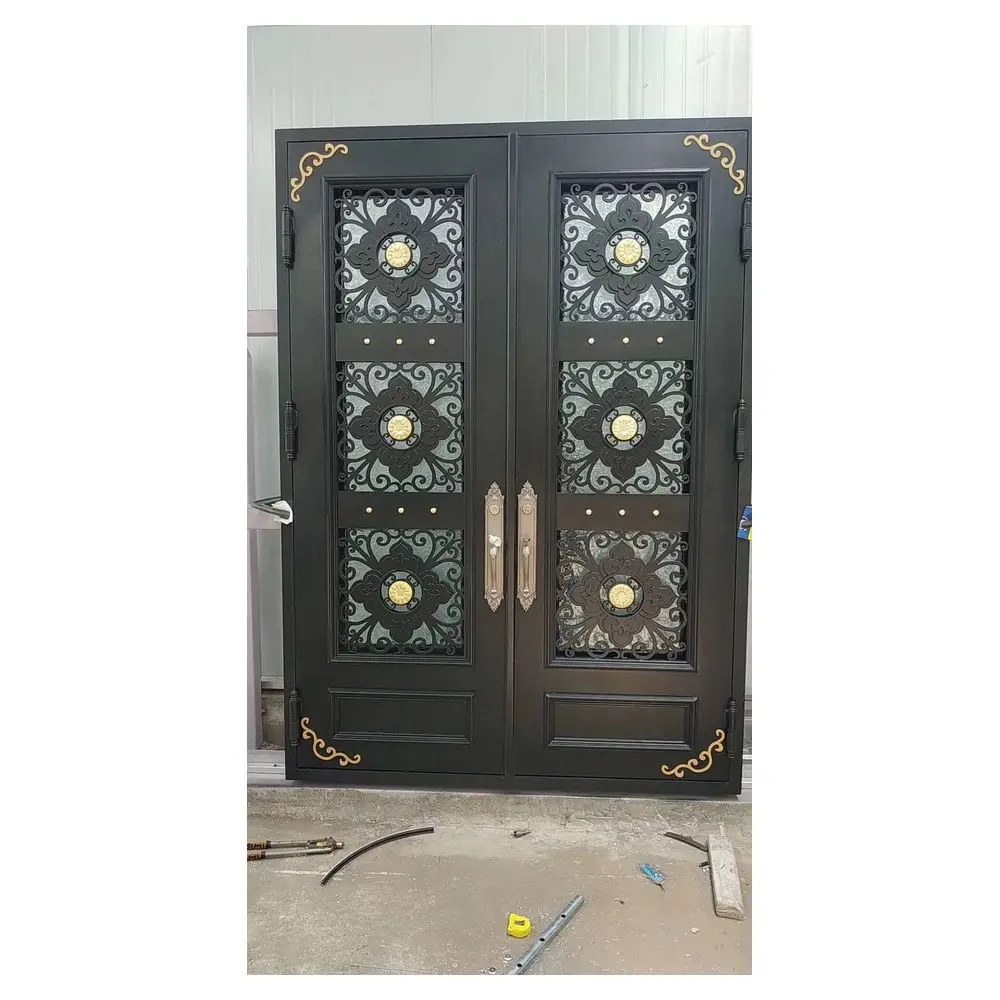 Prima Exterior metal black Villa Main Entry Door New Design Arch Decorative Grille Double Wrought Iron Entrance Front Doors