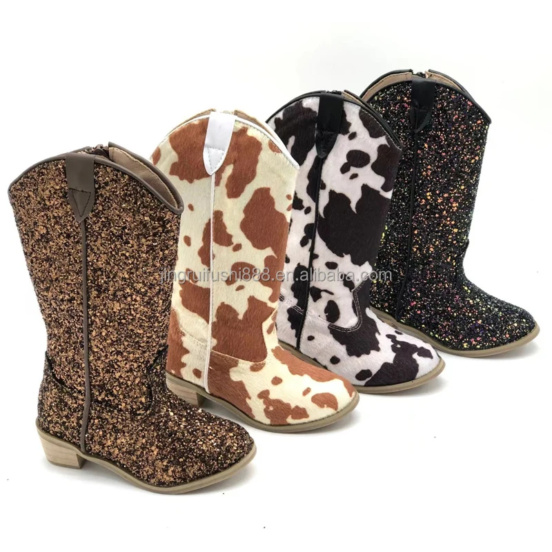 2024 New Arrival Spring Cow Pattern Children Zipper Shoes Western Style High Length Unisex Kids Boutique Retro Boots