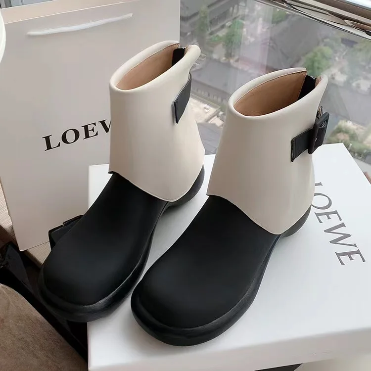 2022 Popular Back Zip Silk Calf Leather Patchwork Round Flat Women Ankle Boots Shoes