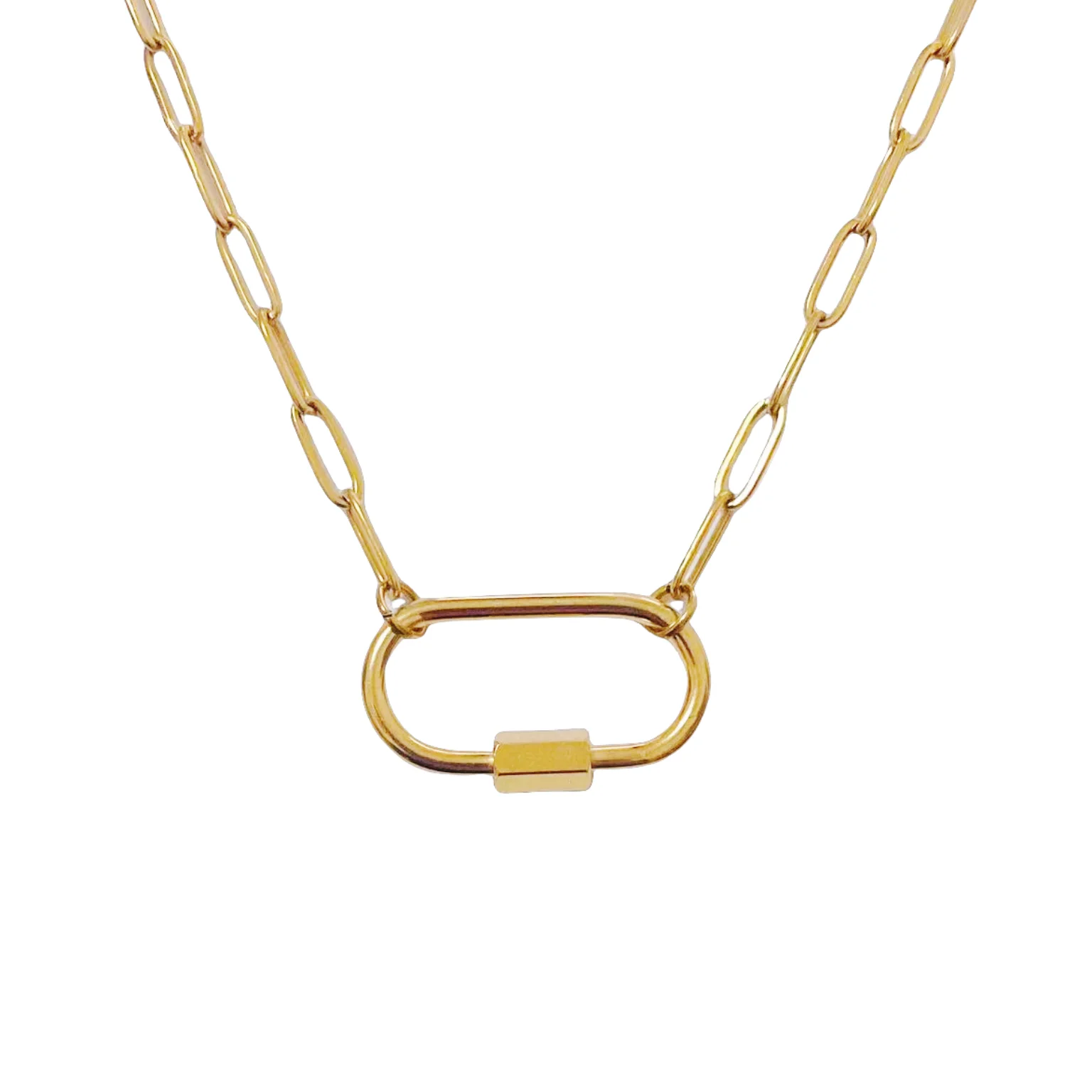 Custom Stainless Steel Carabiner Screw Clasp Buckle Necklace Chain Paper Clip Bracelet Link Fashion 18K Gold Plated Jewelry