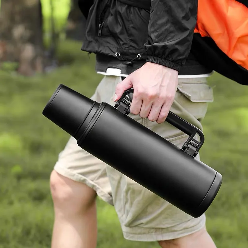 Thermo with Handle Hidden Strap thermo Classic Silver Vacuum Insulated Wide Mouth Bottle-1L Capacity