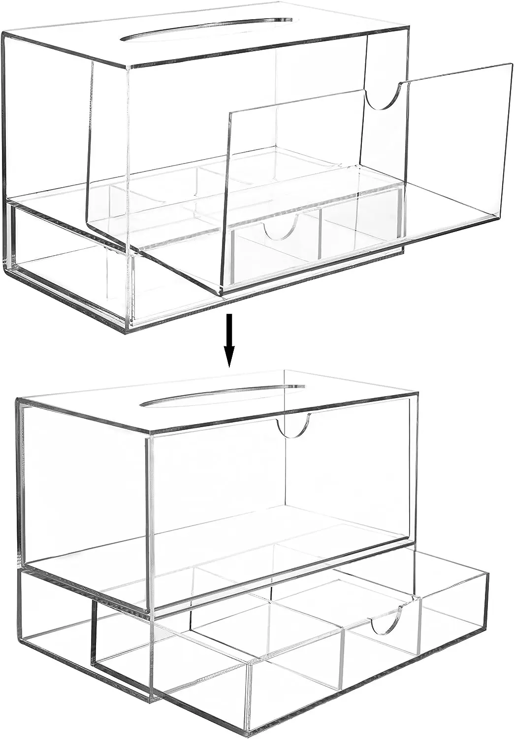 Factory Wholesales Modern Clear Acrylic Countertop Pull Out Storage Drawer/Cosmetic Organizer Box w/Tissue Dispenser